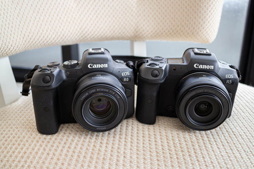 R5にRF16mm F2.8 STM、R6にRF50mm F1.8 STM